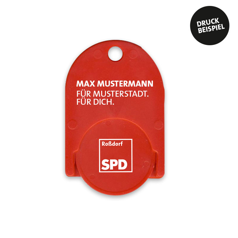 ek_chiphalter_rot_mustermann Einkaufswagenchip mit Halter